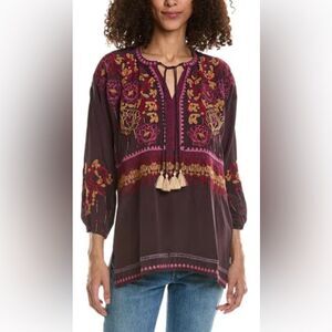 Johnny Was BIYA Peyton Embroidered Silk Tunic | Currant – Size Small (Oversized)